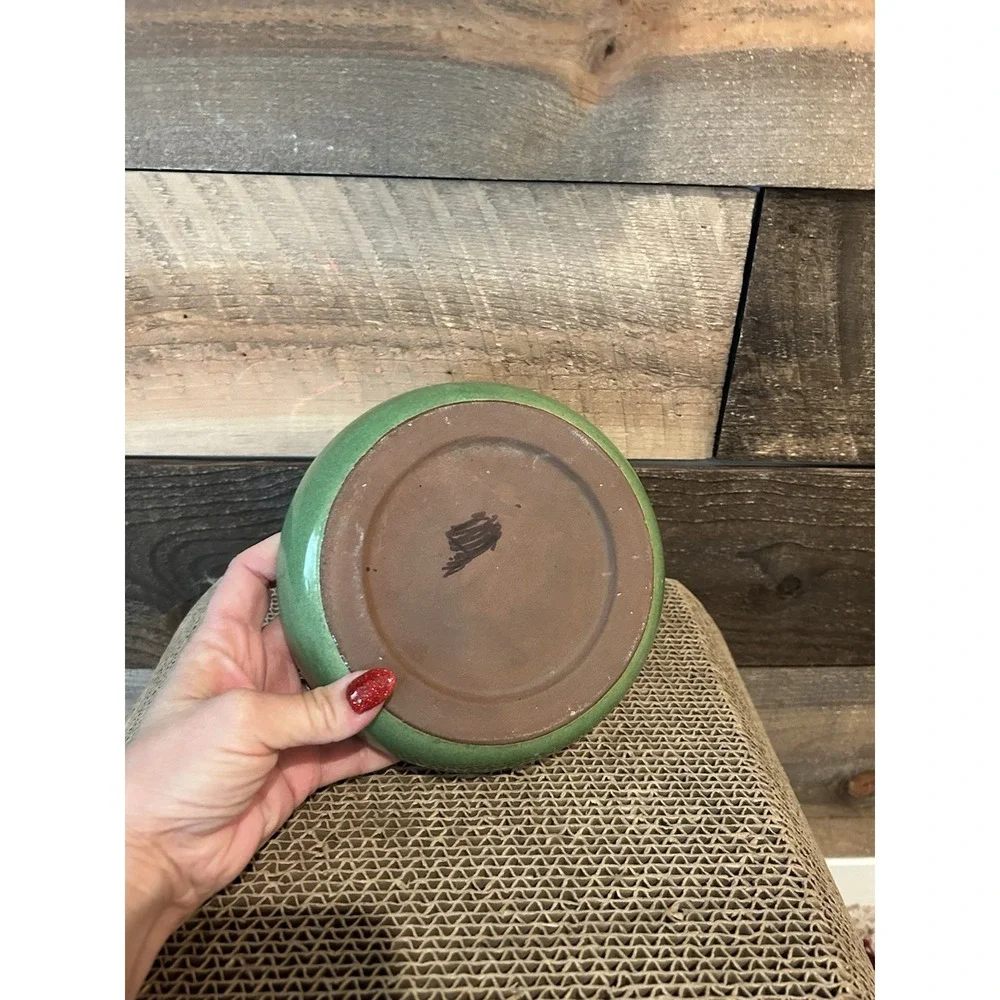 Ceramic Vase Pot Attached Drip Plate Green Glaze Vintage Terra Beautiful‎